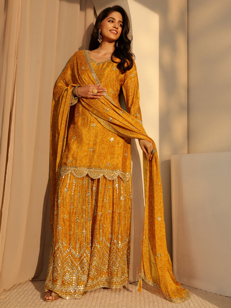 Libas Art Yellow bandhani Printed Chinon Straight Suit Set