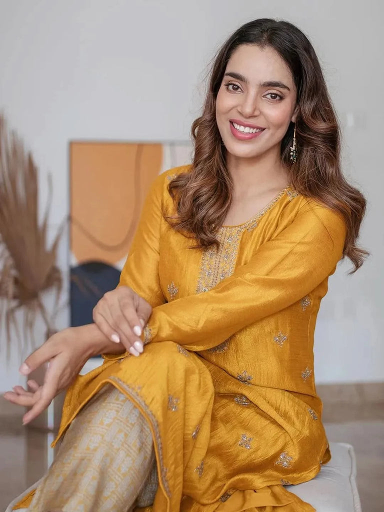 Libas Yellow Embellished Silk Kurta