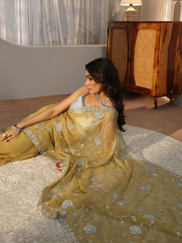 Libas Yellow Floral Embroidered Chiffon Saree