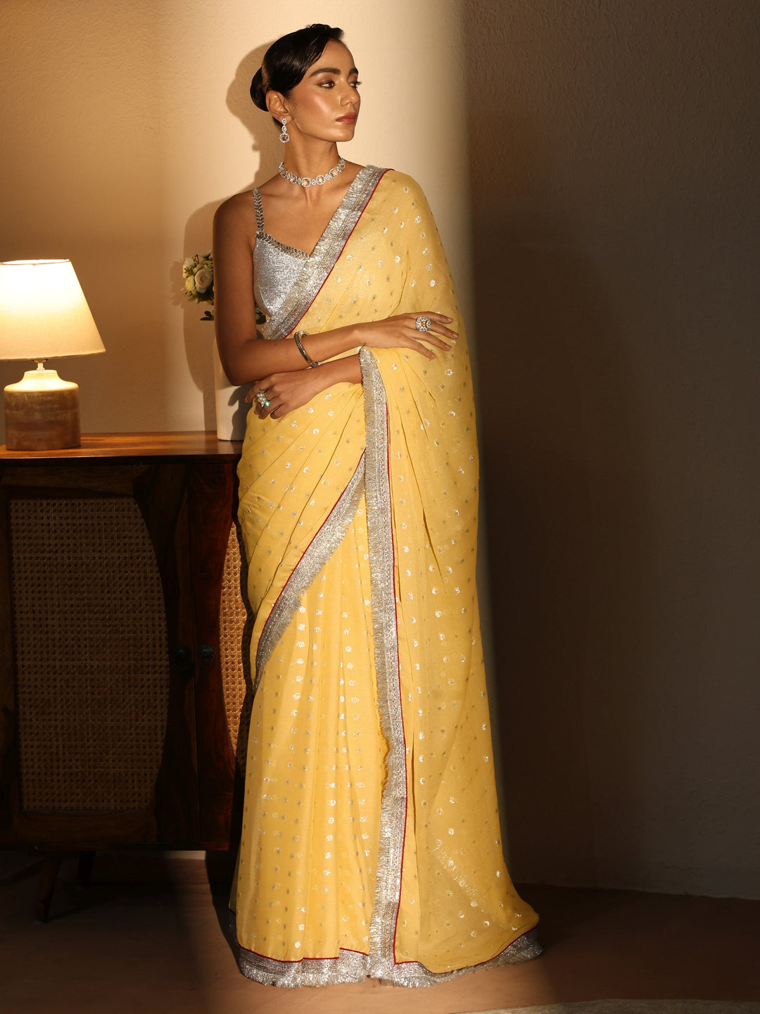  Yellow Woven Design Tissue Saree 