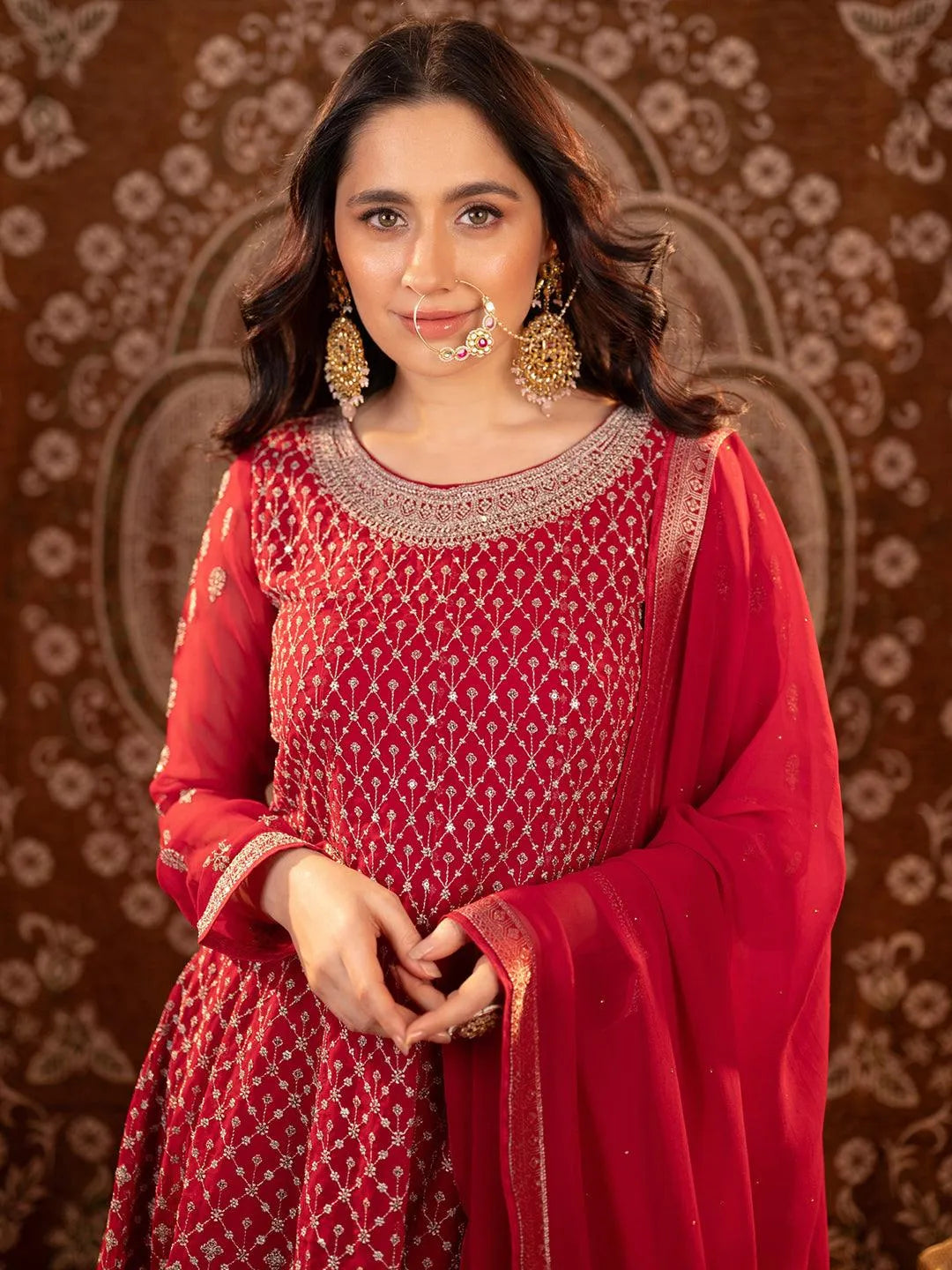 Buy Libas Art Hot Pink Embroidered Georgette A-Line Sharara Suit Set ...