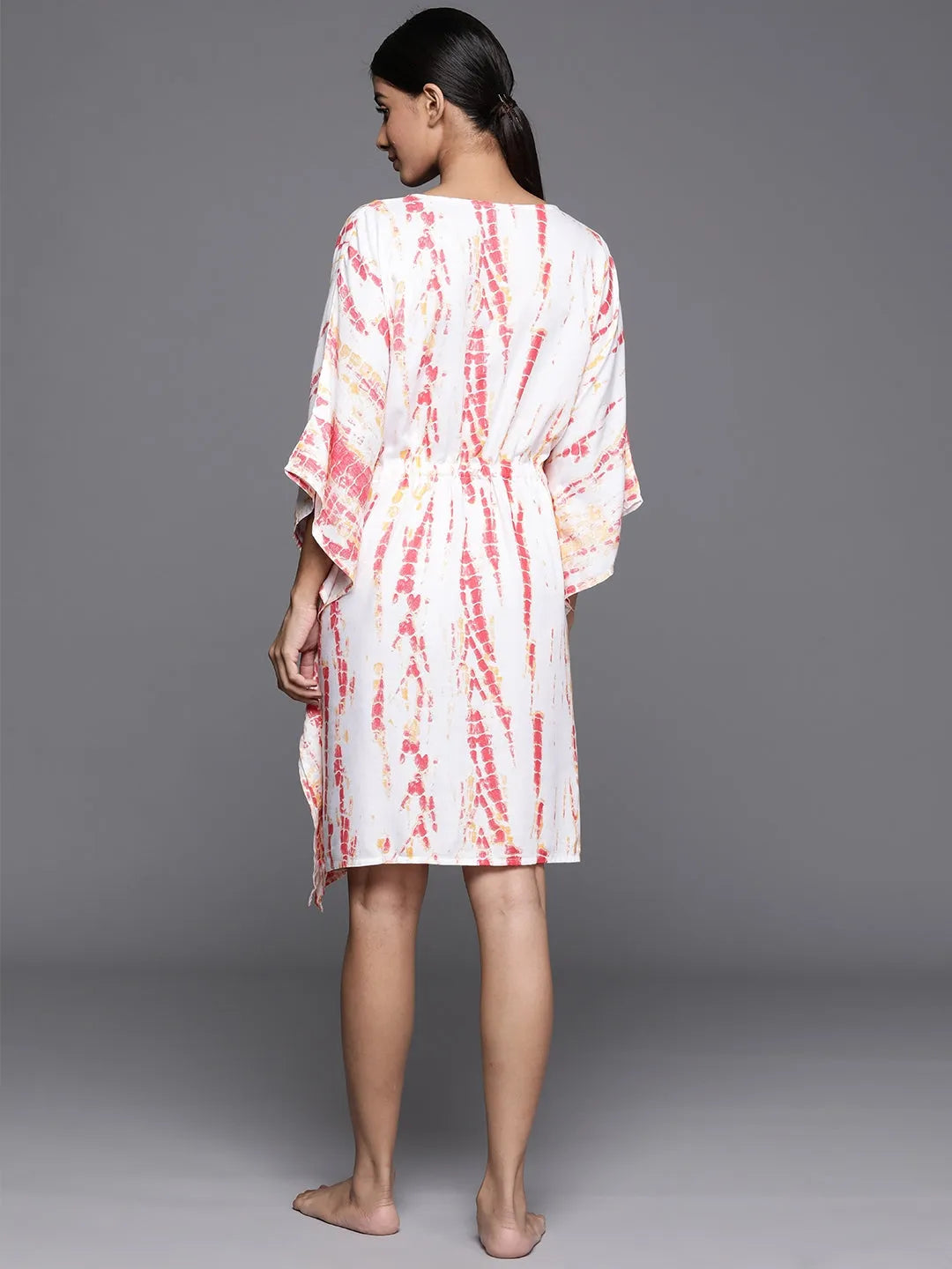  White rayon printed kaftan nightdress with tie-up details 