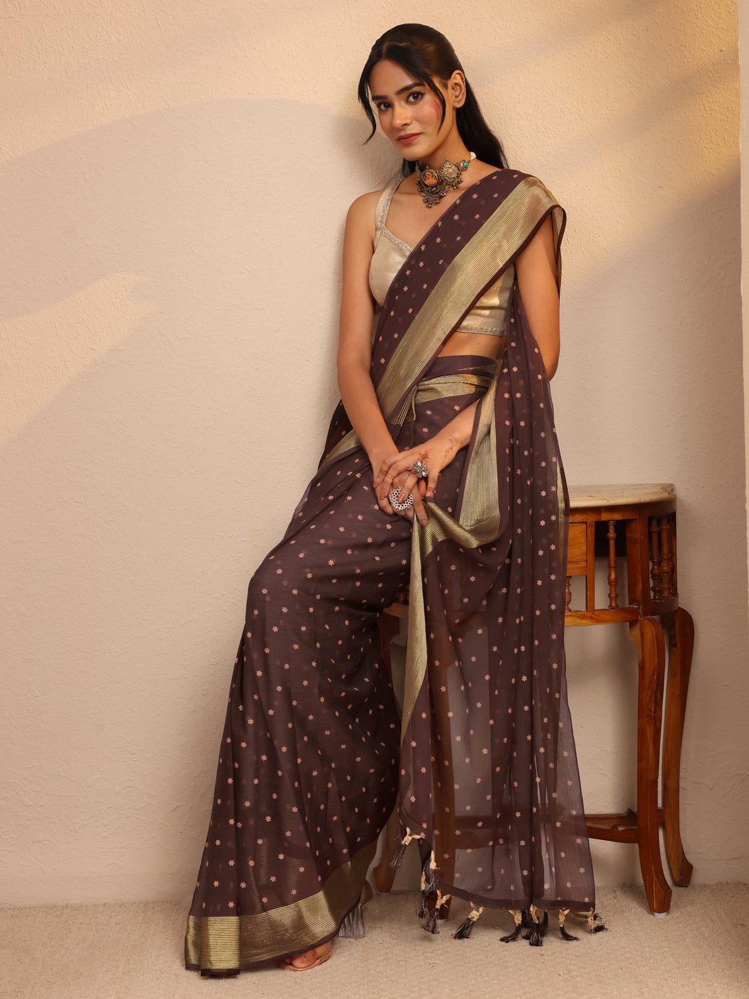  Antique Brown Floral Printed Georgette Pre Draped Saree 