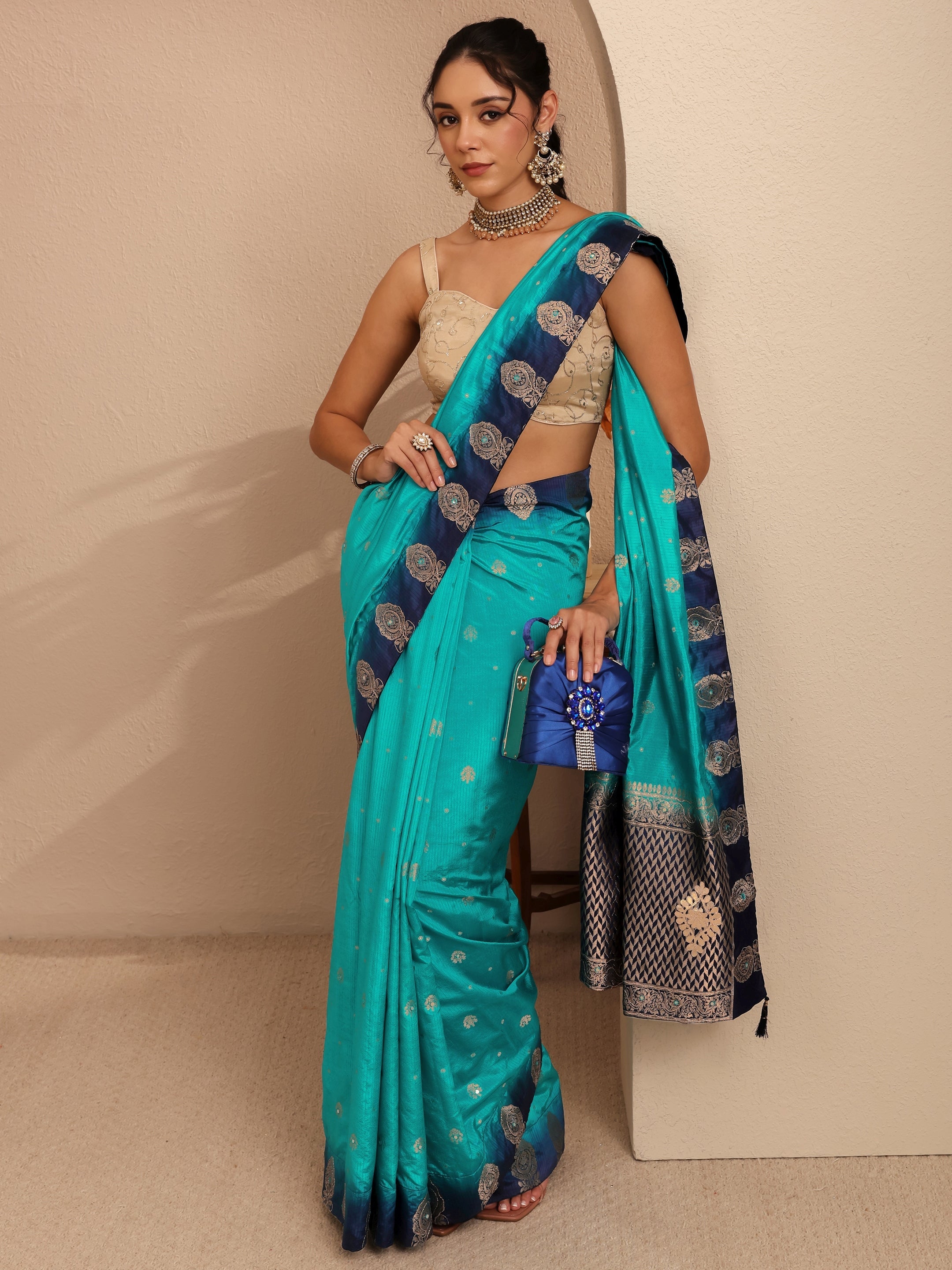 libas Aqua Blue Ethnic Woven Design Silk Blend Saree-picture-15