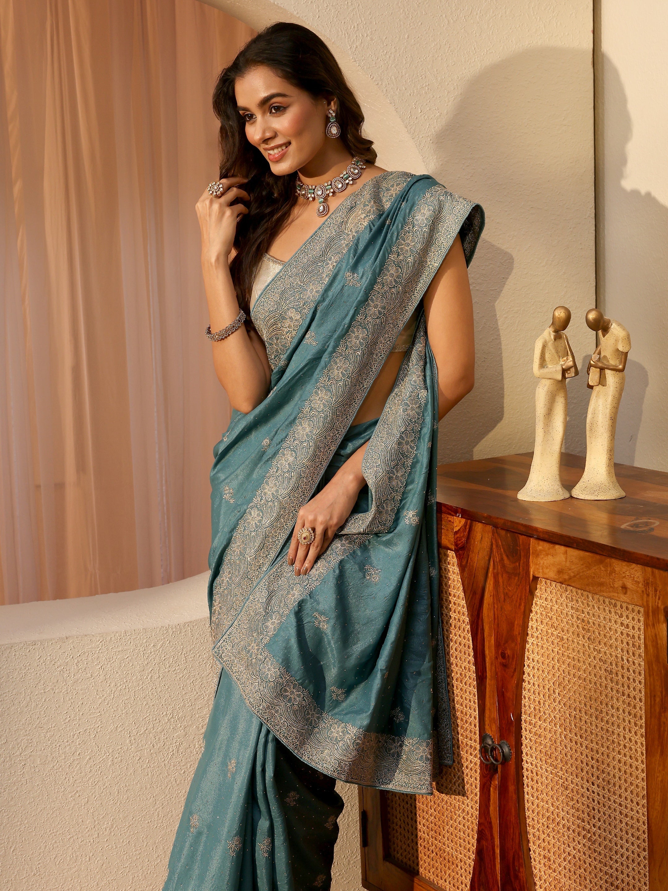 libas Aqua Blue Floral Embroidered Satin Saree-picture-16
