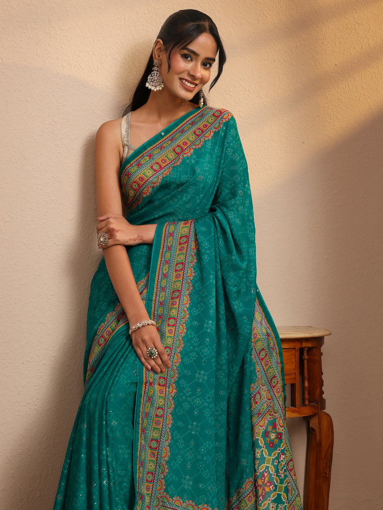 Libas Aqua Blue Printed Silk Blend Saree