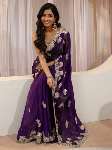 Aubergine Peacock Embroidered Tissue Saree