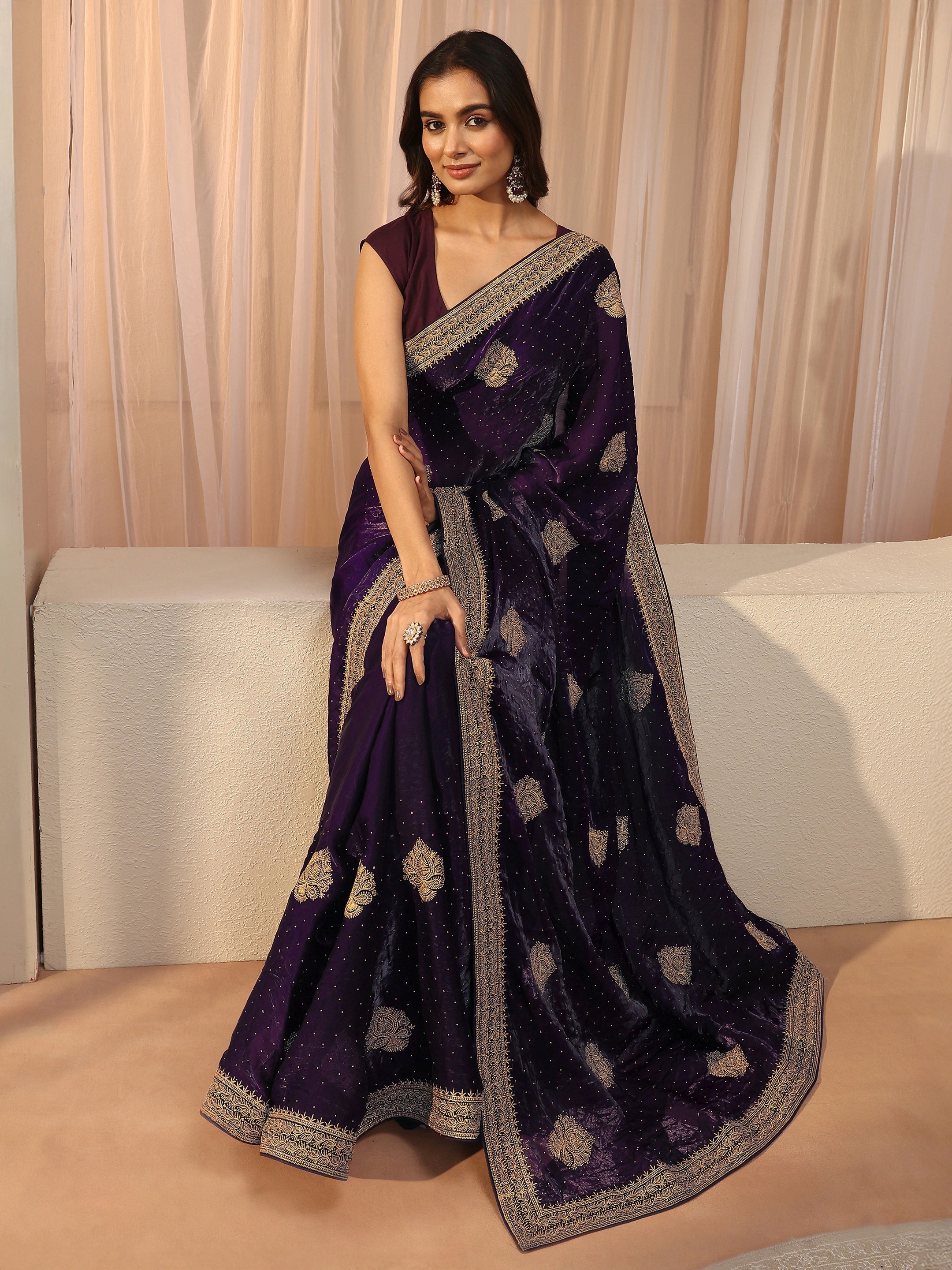 libas Aubergine Purple Ethnic Embellished Tissue Saree-picture-28