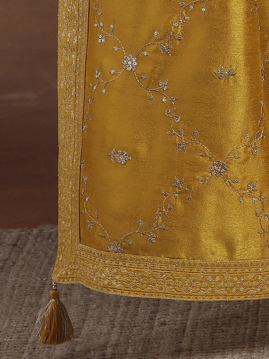  Mustard Embroidered Silk Blend A-Line Kurta With Palazzos & Dupatta 
