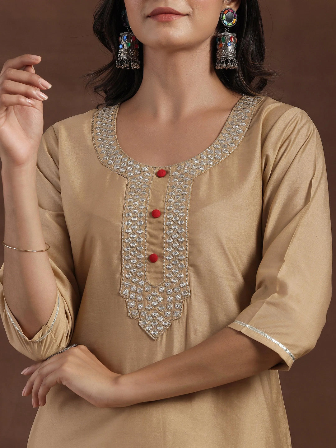 Beige Yoke Design Silk Blend Straight Kurta With Trousers & Dupatta - Libas 