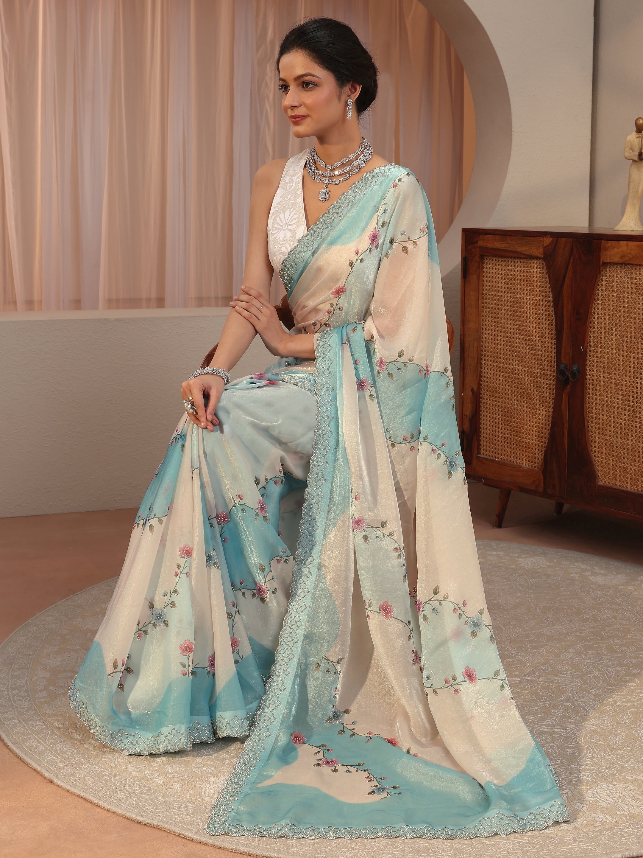 libas Baby Blue And Ivory Embellished Tissue Saree-picture-21