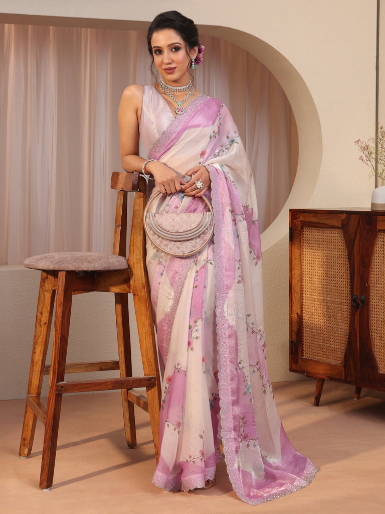 Libas Baby Pink And Ivory Embellished Tissue Saree