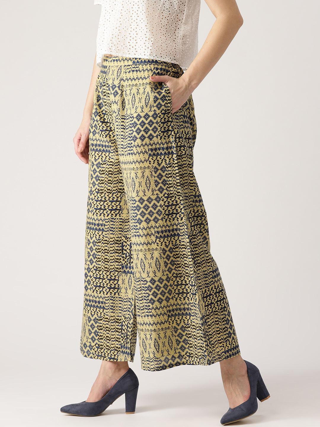 Beige Abstract Cotton Palazzos