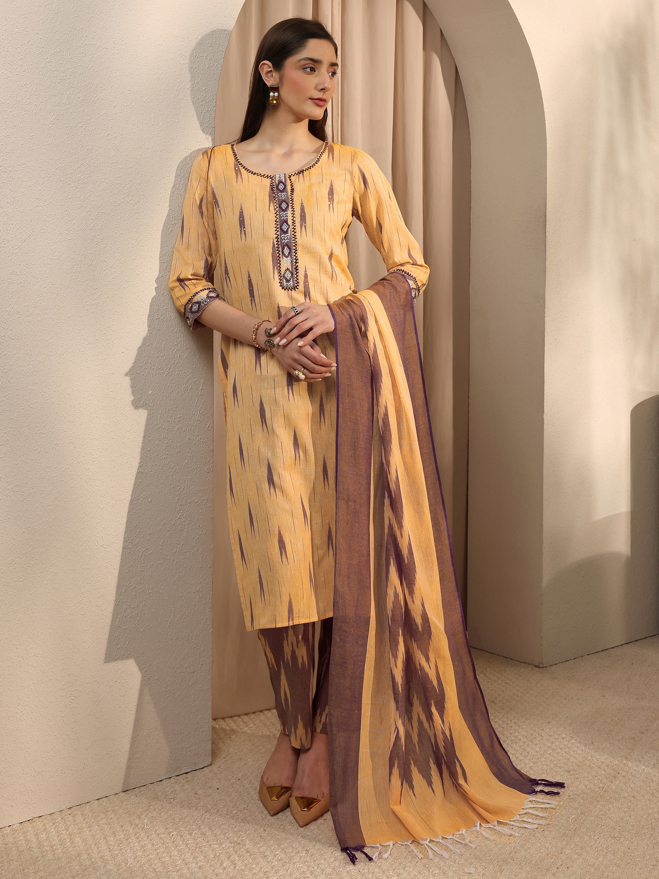 libas Beige Abstract Printed Cotton Straight Suit Set With Dupatta-picture-11