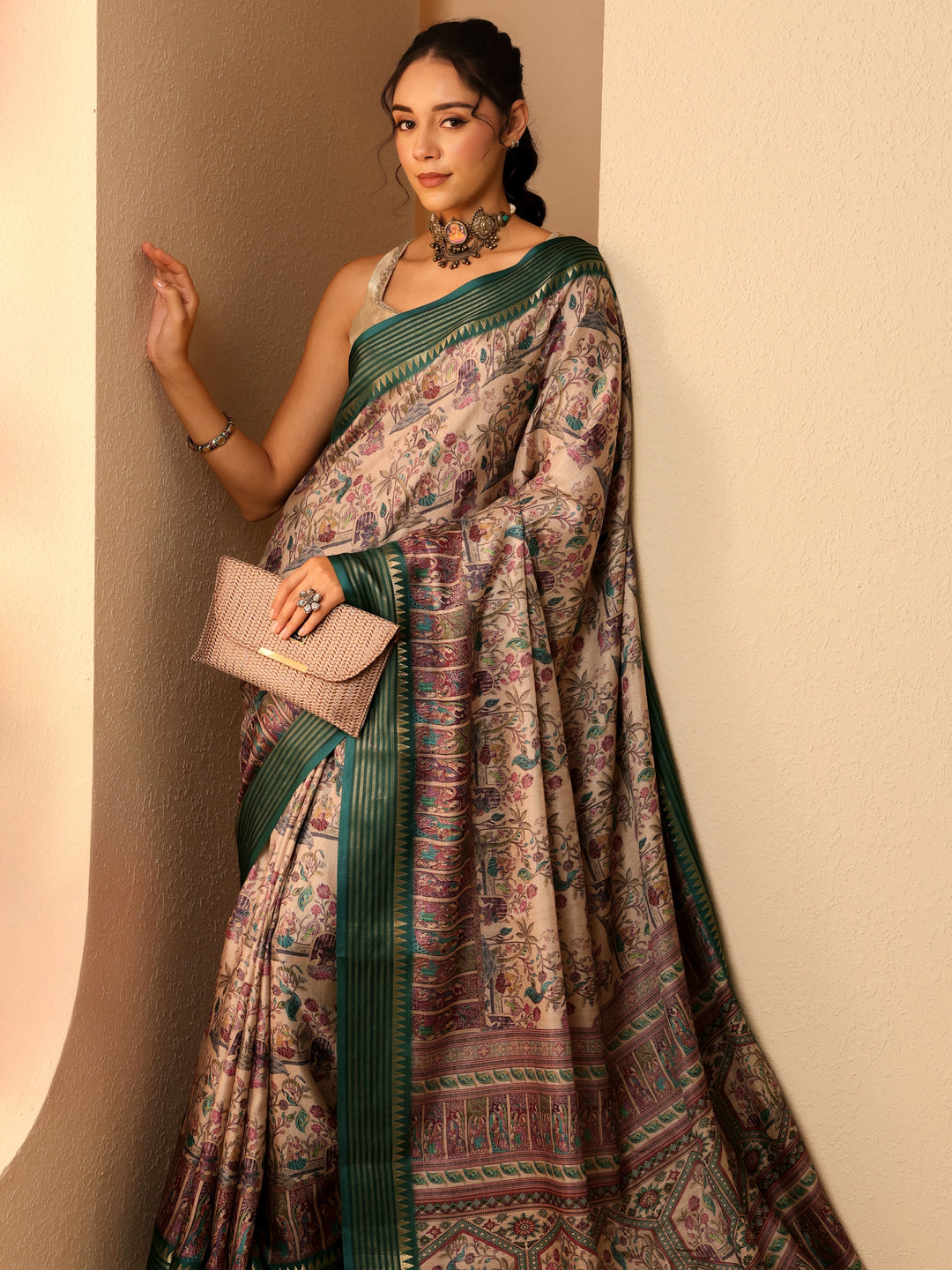  Beige And Dark Green Mughal Print Silk Blend Saree 
