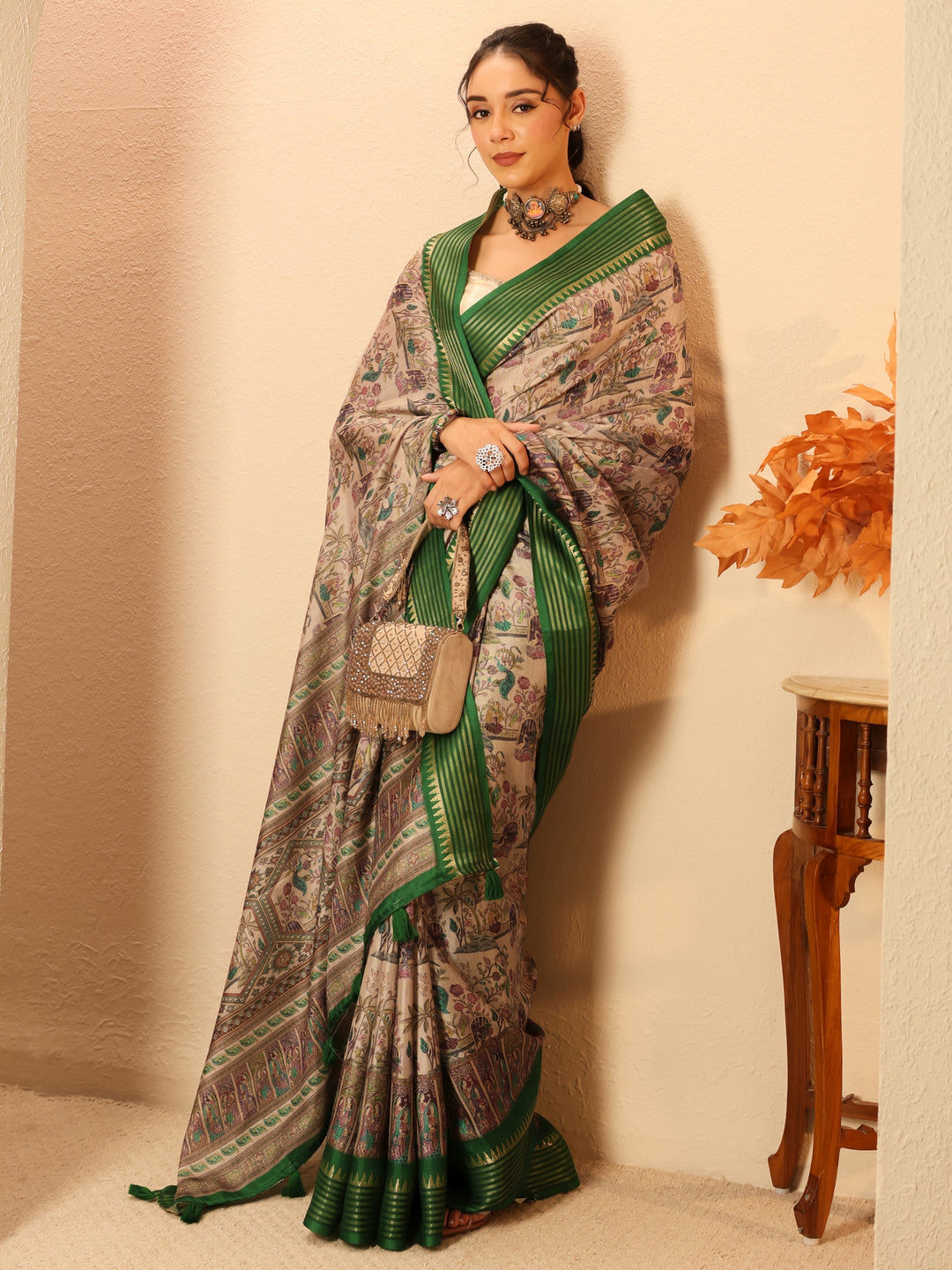  Beige And Green Mughal Print Silk Blend Saree 