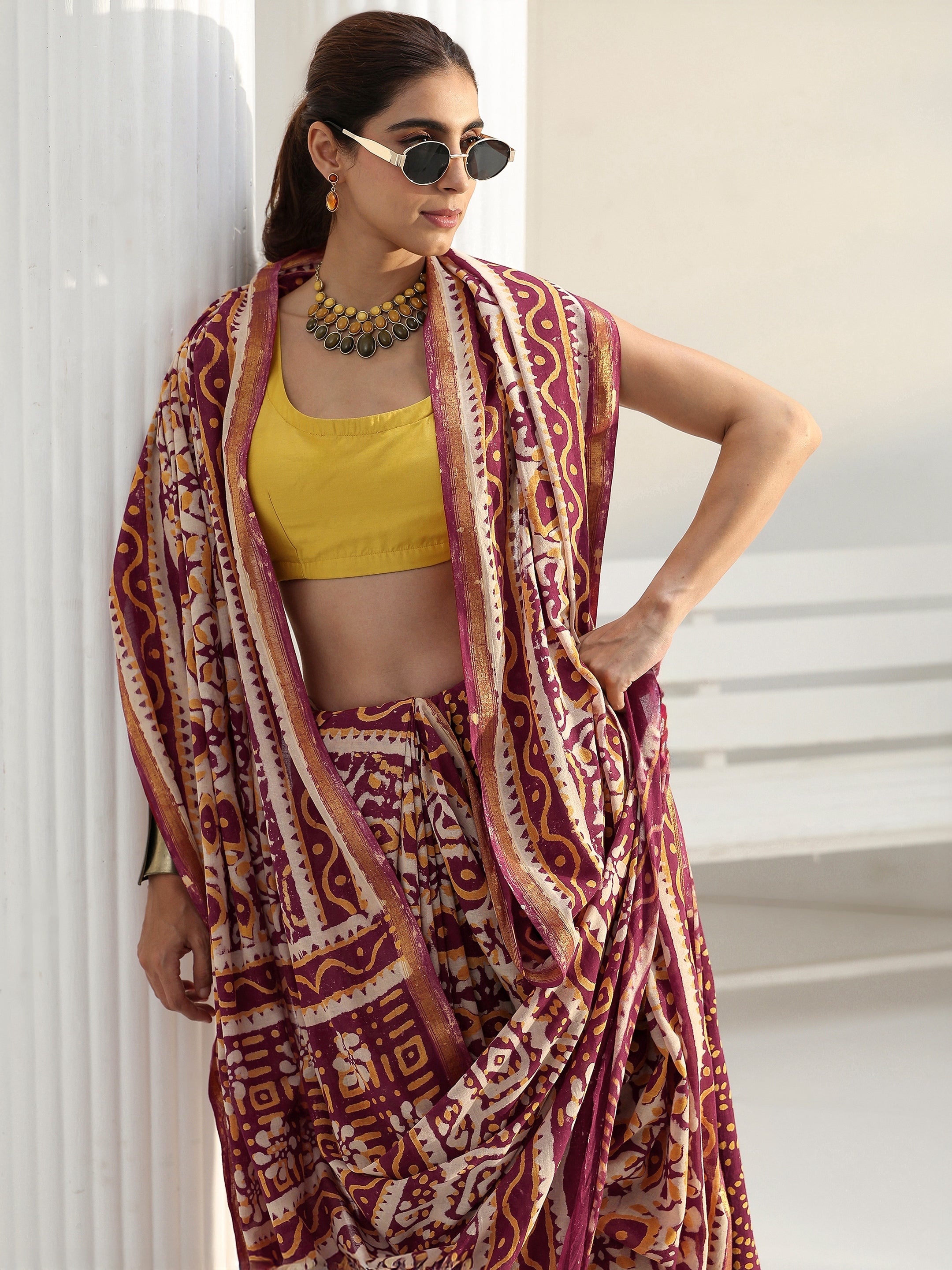 libas Beige Bagru Print Cotton Saree-picture-55