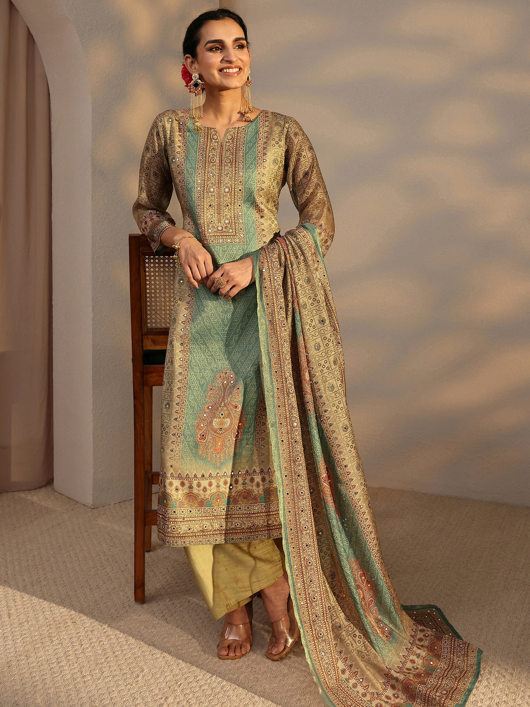  Beige Bandhani Printed Silk Blend Straight Suit Set With Dupatta 