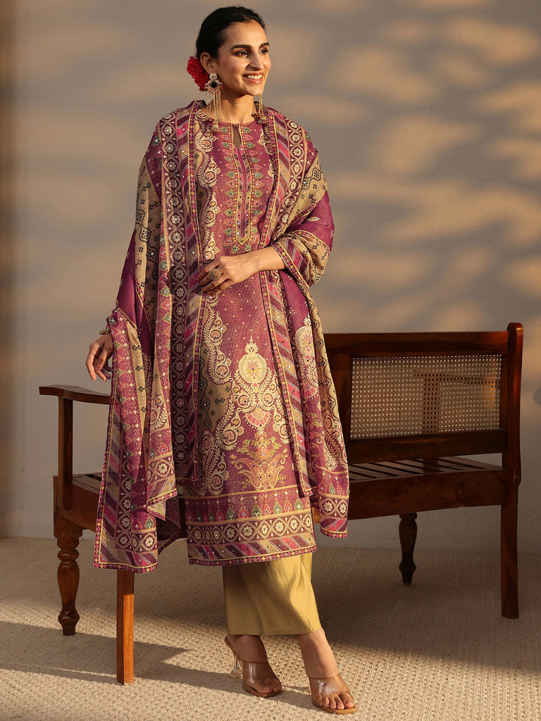 Libas Beige Bandhani Printed Silk Blend Straight Suit Set With Dupatta