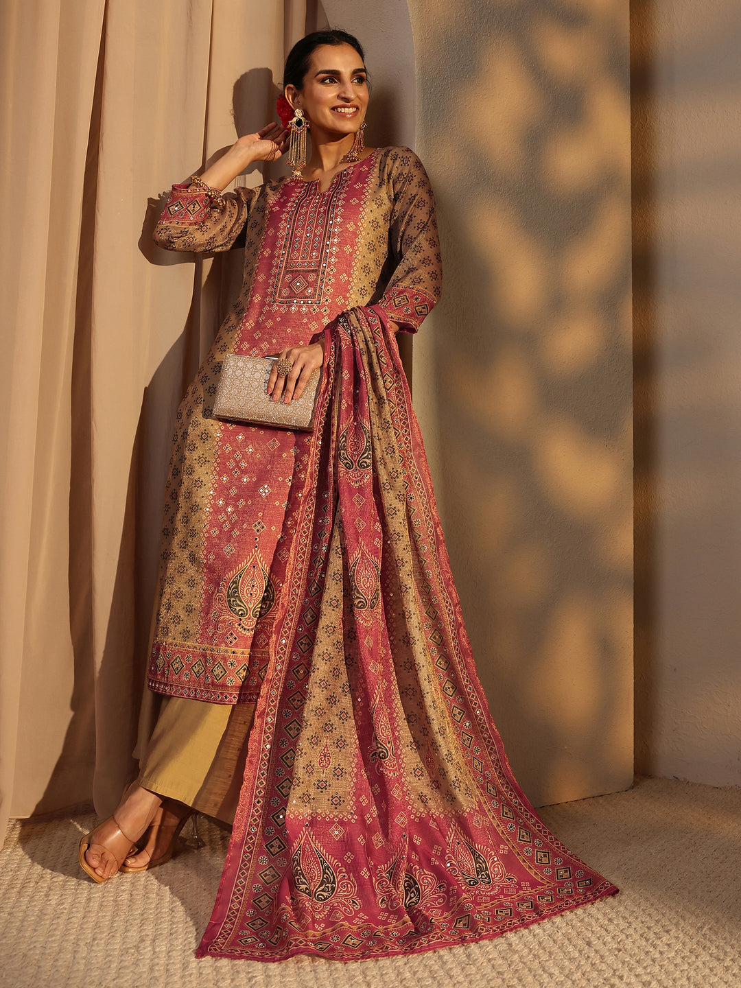  Beige Bandhani Printed Silk Blend Straight Suit Set With Dupatta 