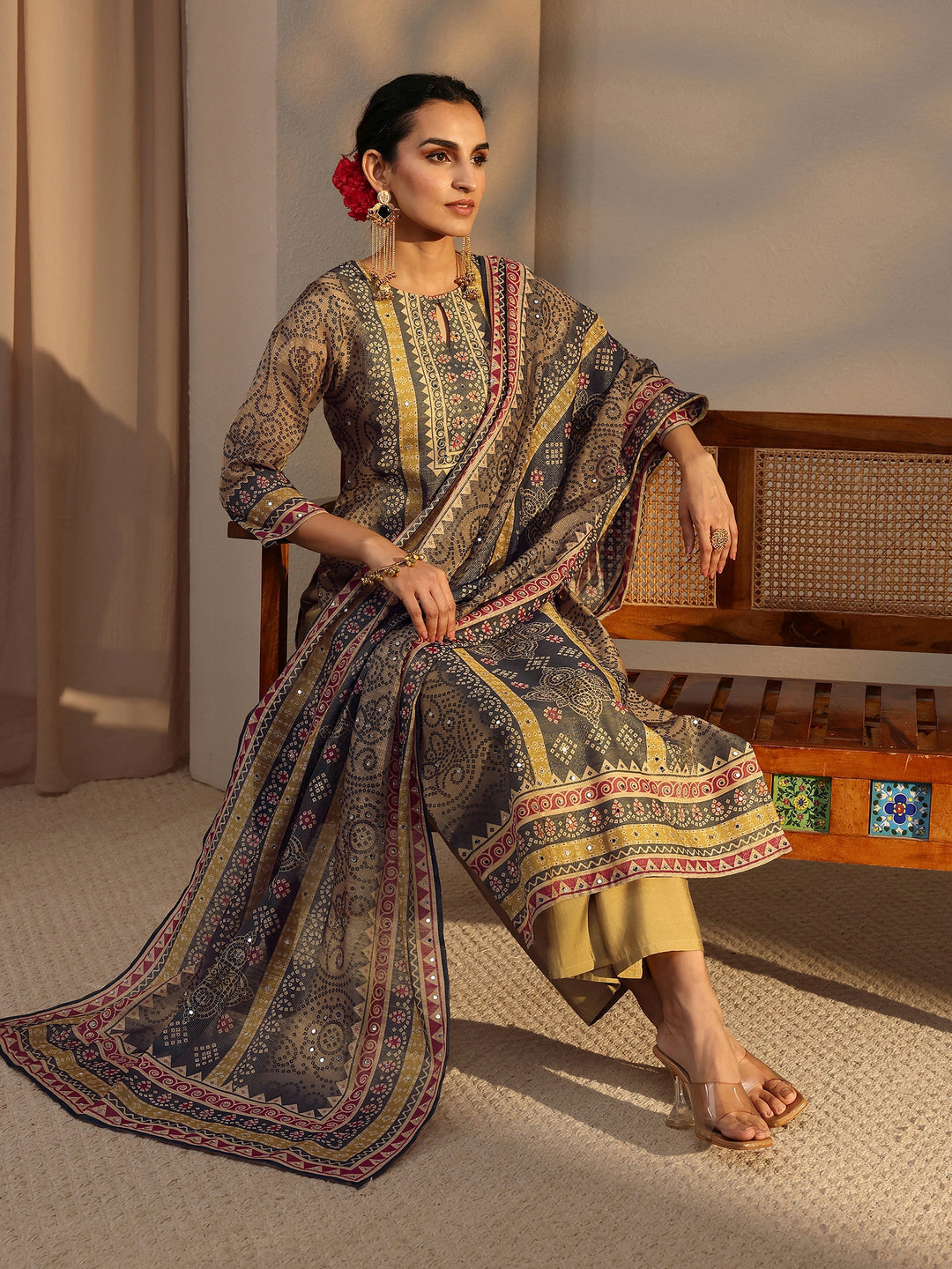  Beige Bandhani Printed Silk Blend Straight Suit Set With Dupatta 