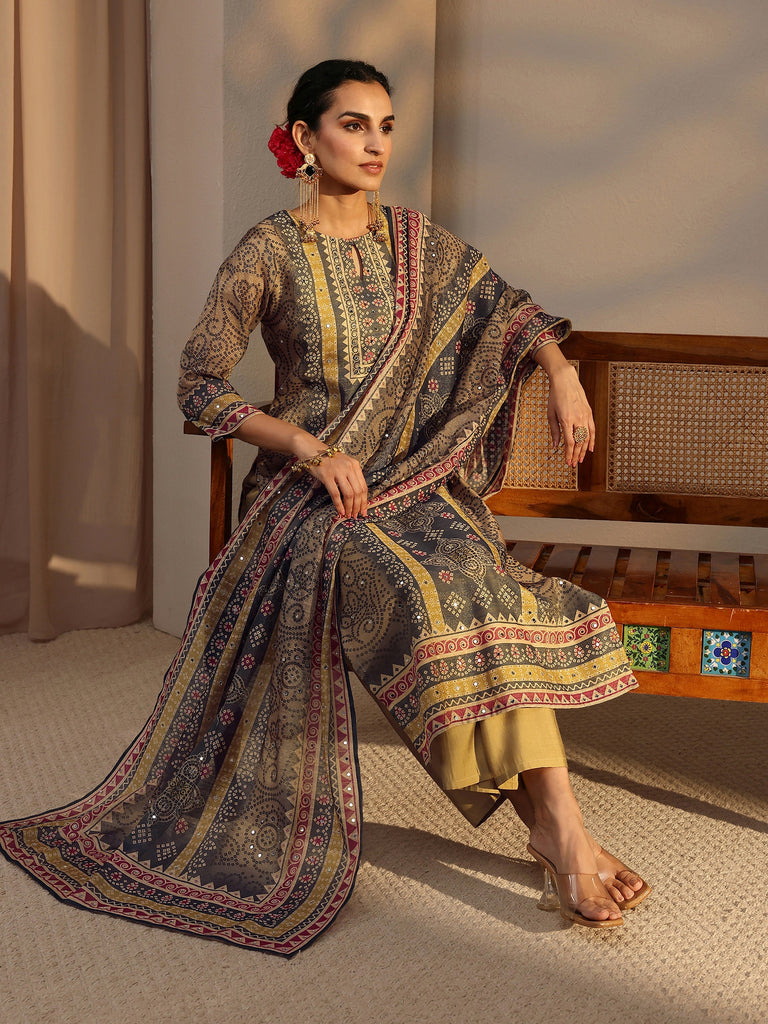 Libas Beige Bandhani Printed Silk Blend Straight Suit Set With Dupatta