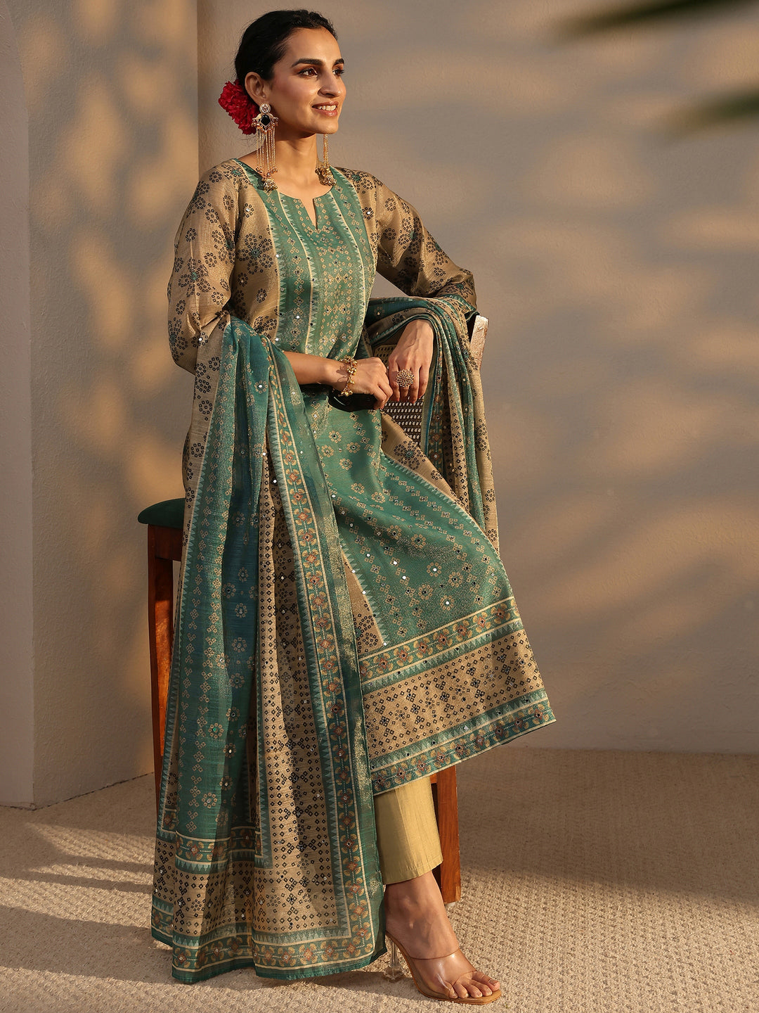  Beige Bandhani Printed Silk Blend Straight Suit Set With Dupatta 