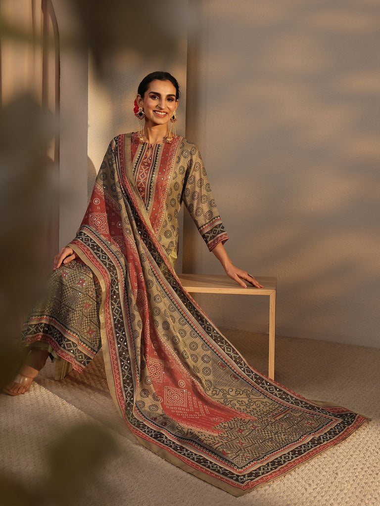 Libas Beige Bandhani Printed Silk Blend Straight Suit Set With Dupatta
