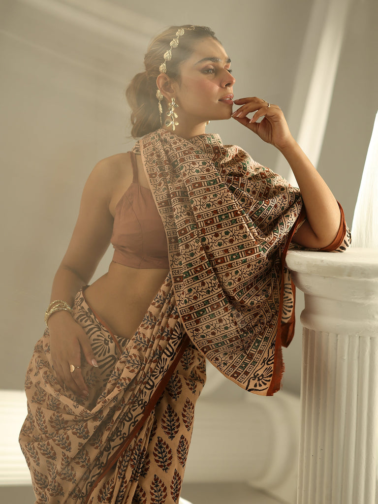 Libas Beige Block Print Cotton Saree