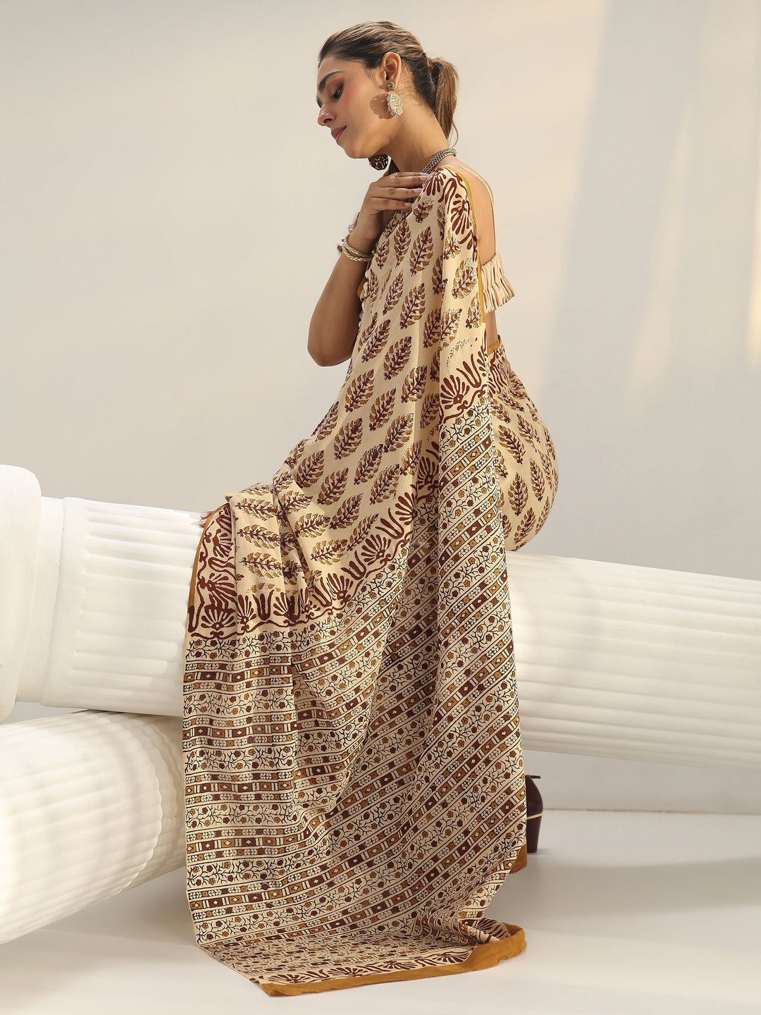  Beige Block Print Cotton Saree 