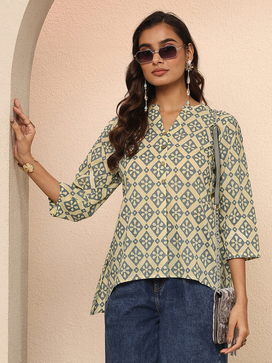 Beige Block Printed Cotton Straight Short Kurti
