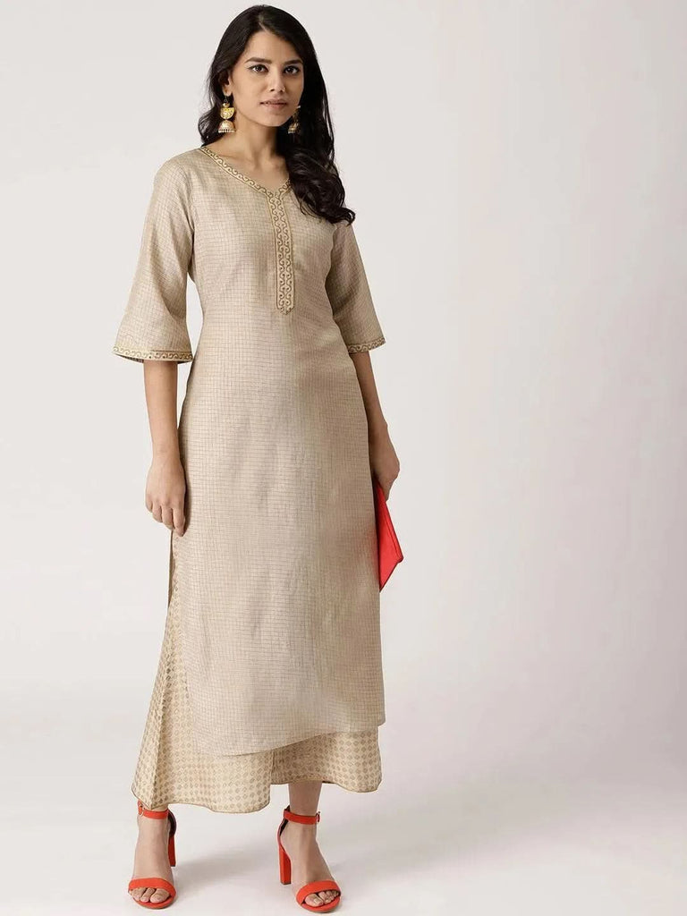 Libas Beige Checkered Chanderi Silk Straight Kurta With Palazzos