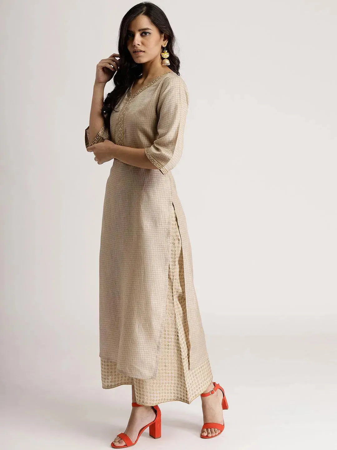 Beige Checkered Chanderi Kurta Set - Libas