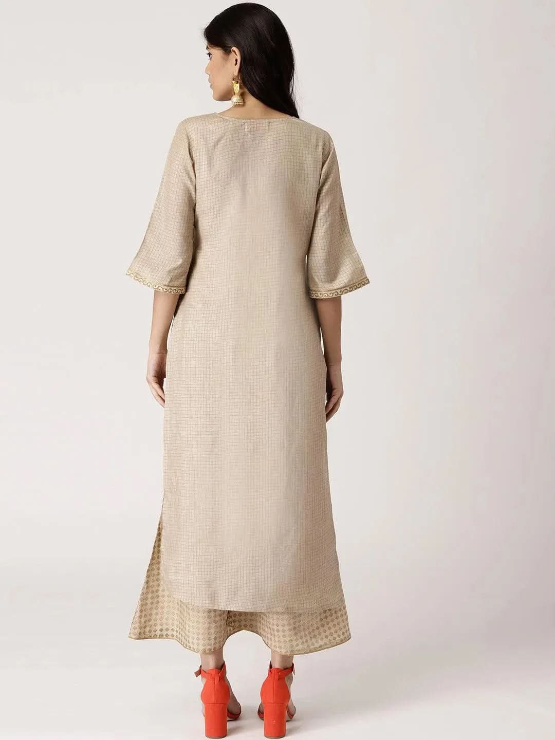 

Buy Beige Checkered Chanderi Kurta Set - 5680-XS | Libas Ethnic Wear Online