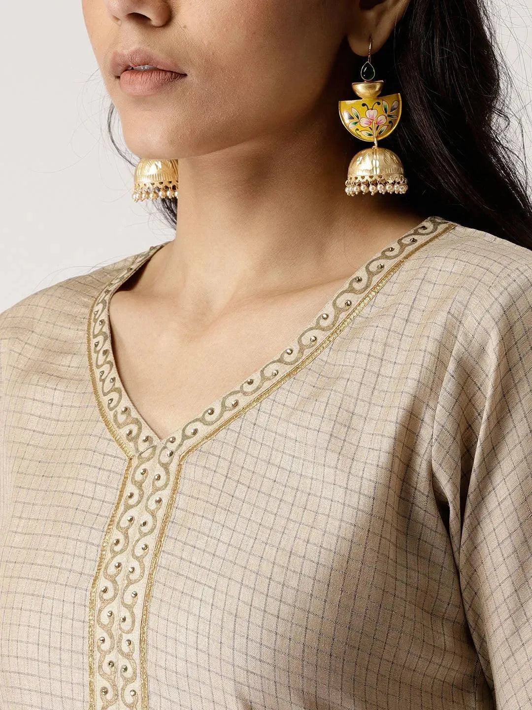 Beige Checkered Chanderi Kurta Set - Libas