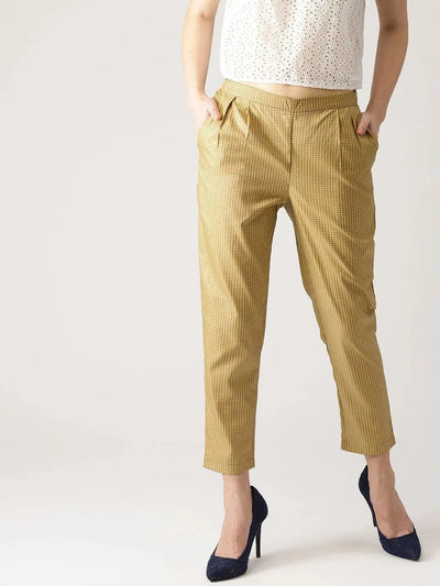 Beige Checkered Polyester Trousers - Libas