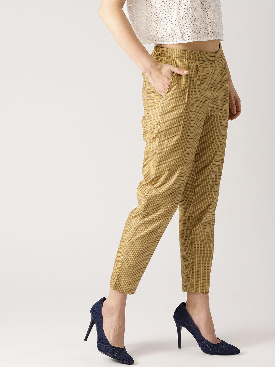 Beige Checkered Polyester Trousers