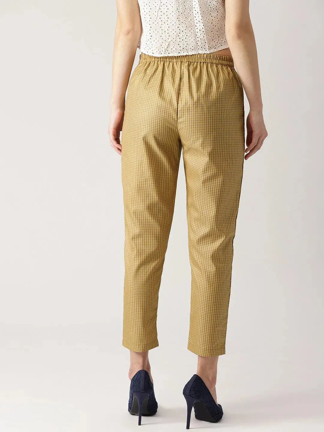 Beige Checkered Polyester Trousers - Libas