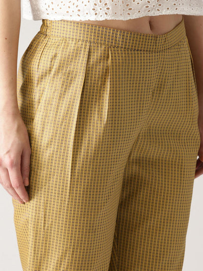 Beige Checkered Polyester Trousers - Libas