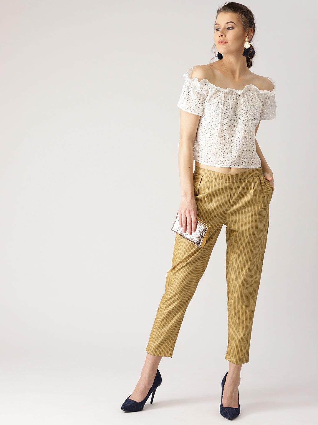 Beige Checkered Polyester Trousers