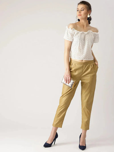 Beige Checkered Polyester Trousers - Libas