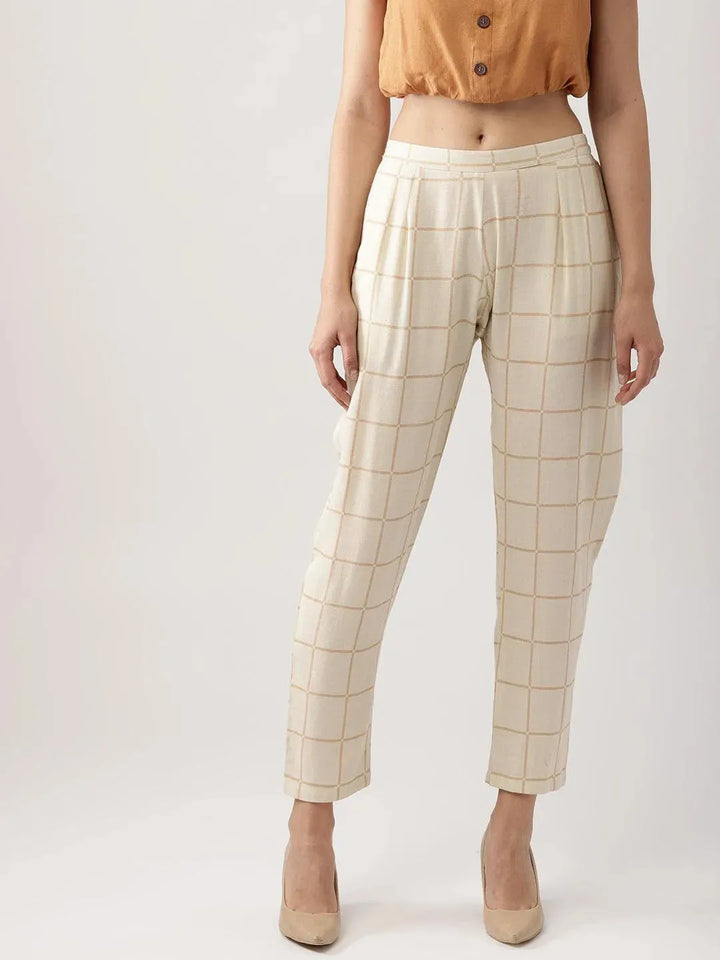 Beige Checkered Rayon Trousers - Libas