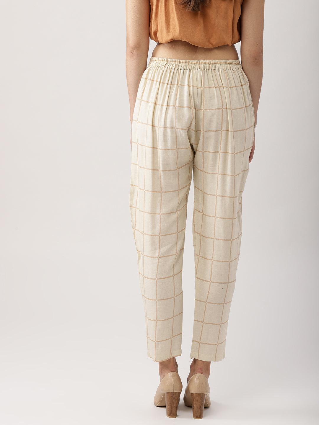 Beige Checkered Rayon Trousers - Libas