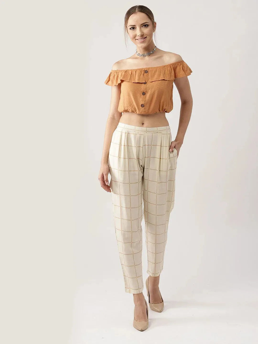 Beige Checkered Rayon Trousers - Libas 