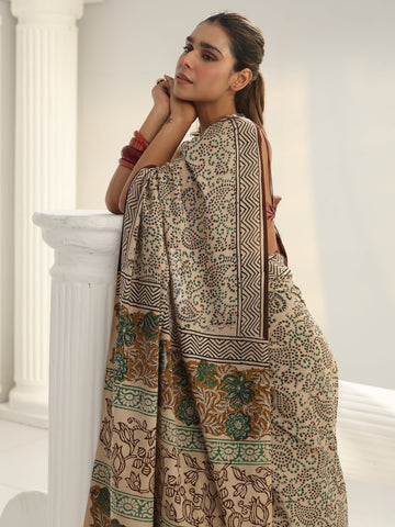Beige Dabu Print Cotton Saree