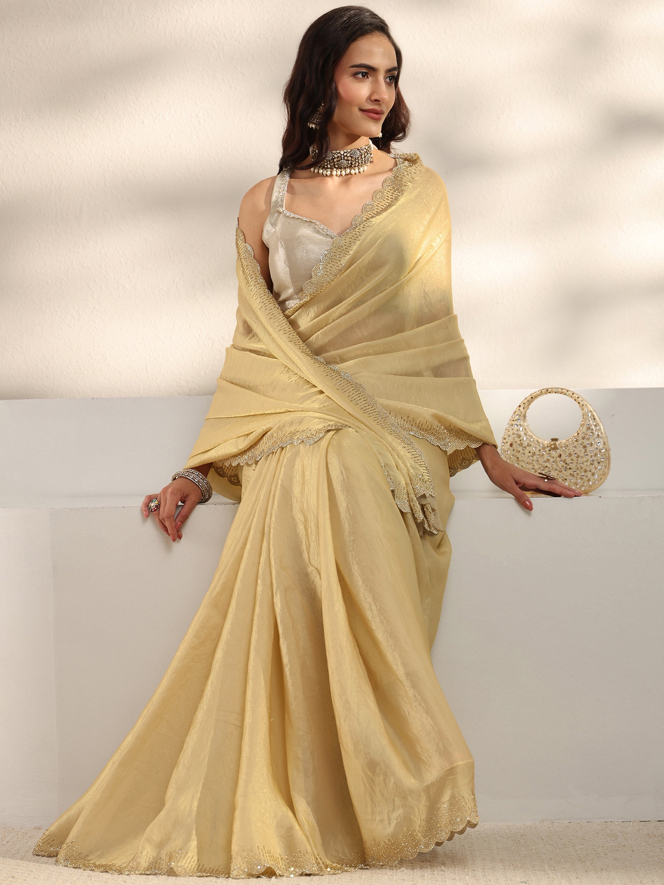 libas Beige Embellished Border Tissue Saree With Unstitched Blouse Piece-picture-20