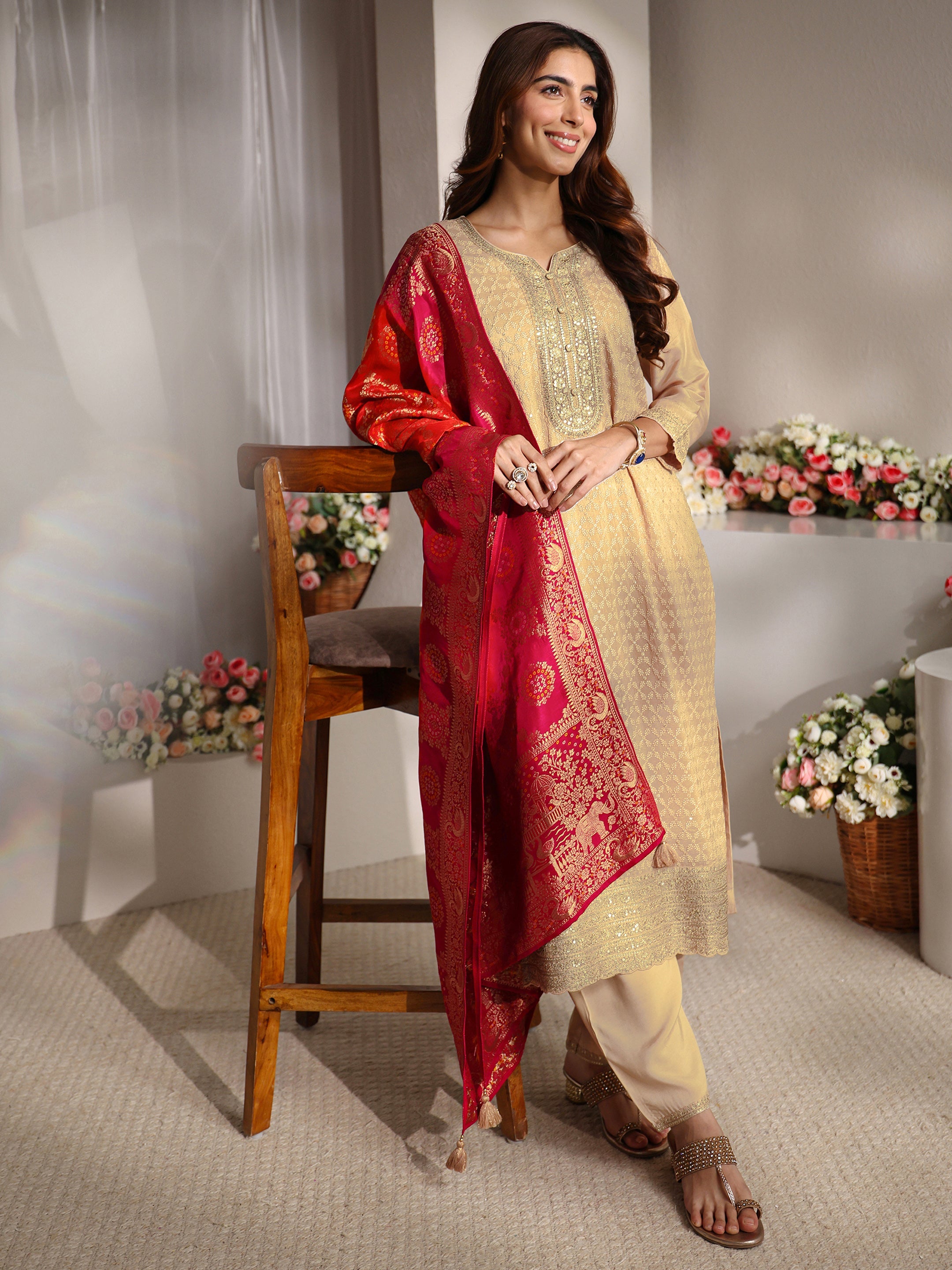 libas Beige Embellished Silk Blend Straight Suit Set With Dupatta-picture-29