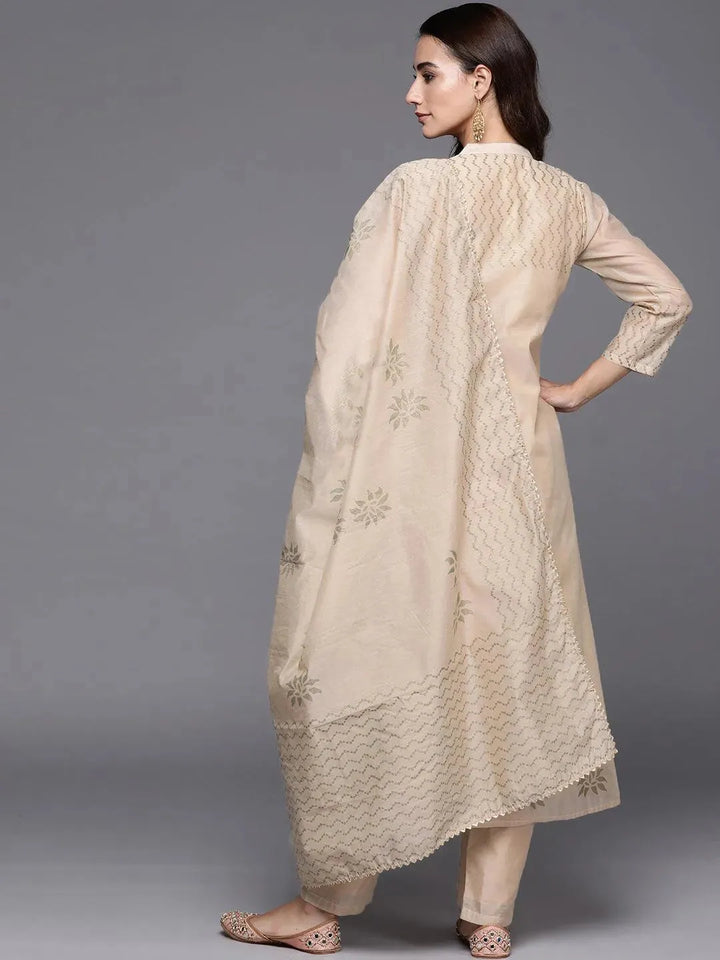 Beige Embroidered Chanderi Silk Suit Set - Libas