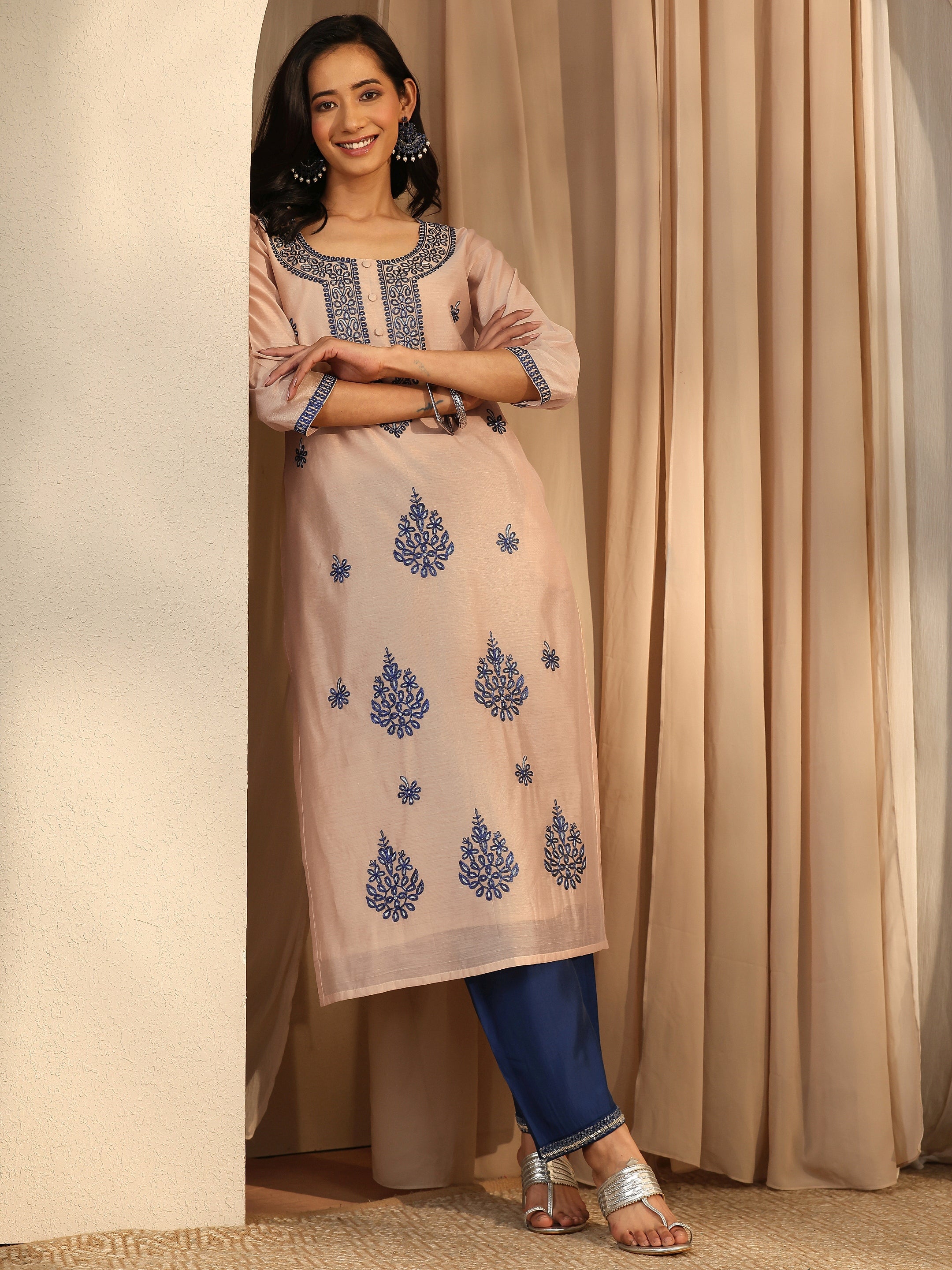 libas Beige Embroidered Chanderi Silk Straight Kurta-picture-24