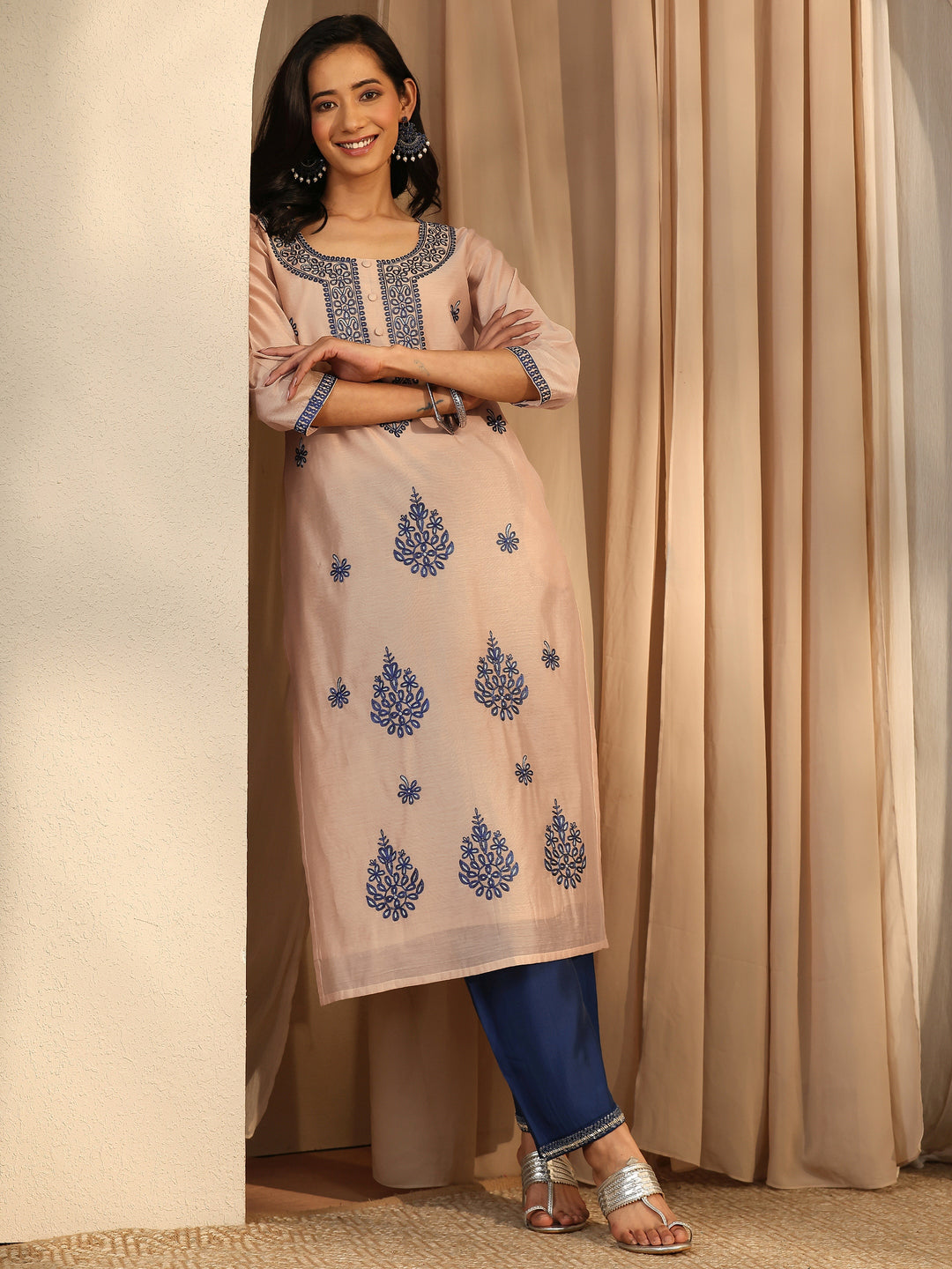 Beige Embroidered Chanderi Silk Straight Kurta